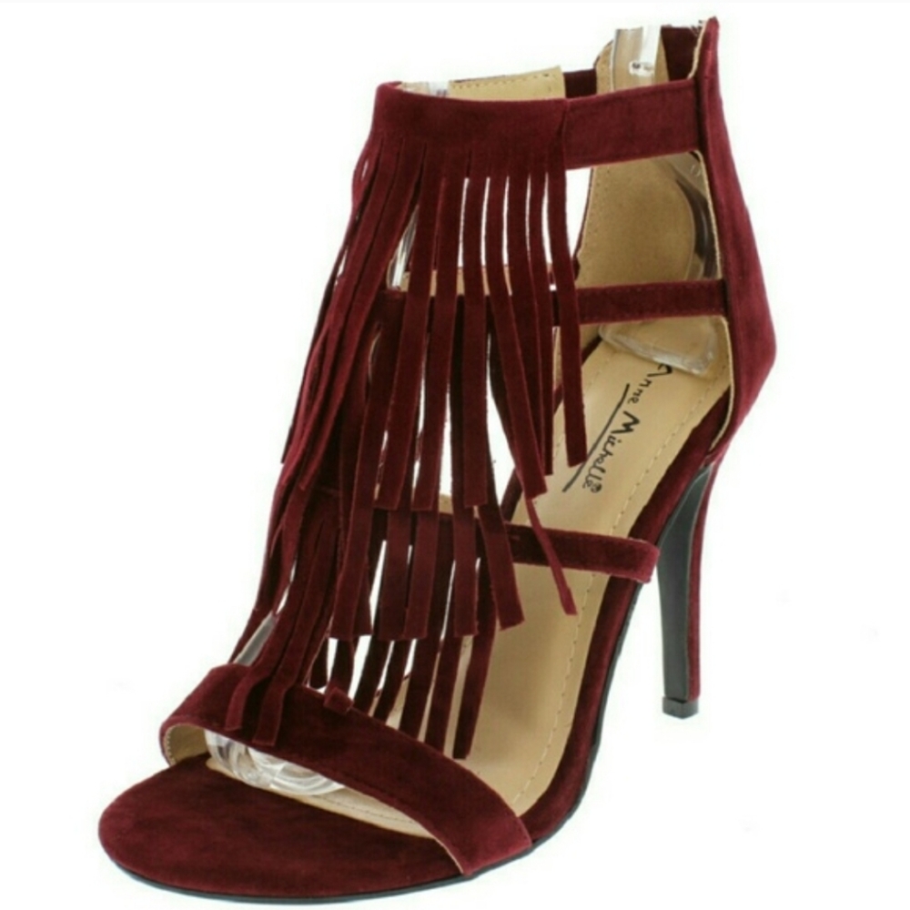 Anne Michelle Girl Talk Open Toe Fringe Burgundy Heels Women's Size 7.5 NIB